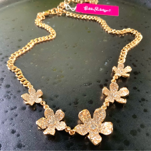 Lilly Pulitzer NECKLACE “Beach Club Blooms” SPARKLING CRYSTAL GOLD FLOWER CHAIN - Picture 2 of 11